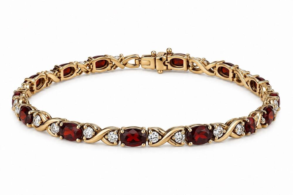 925 Sterling Silver Yellow Gold Plated Garnet & Beryl Bracelet 7